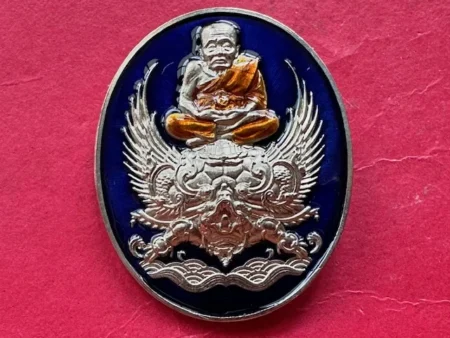 Protect amulet B.E.2558 LP Thuad alpaca coin with blue background by Wat Phakho (MON1172)